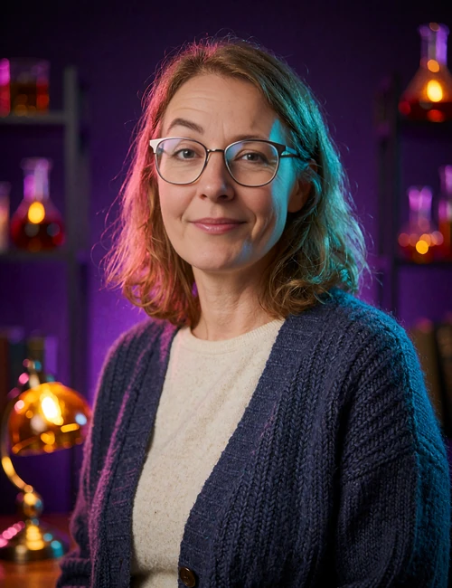 Woman in glasses and a navy cardigan smiling warmly among blurred bookshop shelves