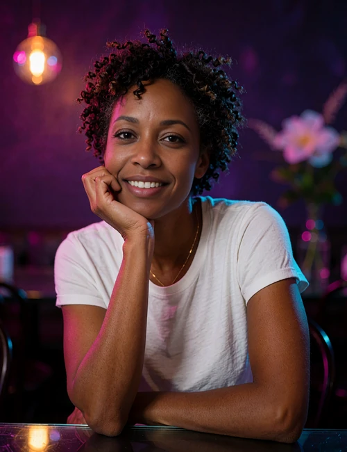 Woman with short natural curls in a plain white tee smiling at a café table