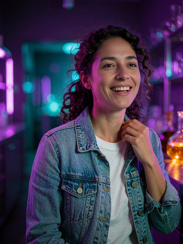 Smiling woman in an open denim jacket and white tee laughing in warm neon light