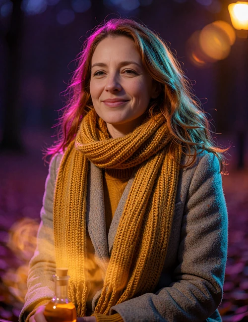 Young woman smiling outdoors in a mustard scarf and gray coat, casual lifestyle photo