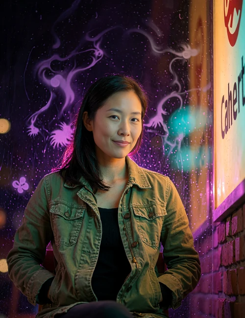 Woman in an olive utility jacket with an amused smile on a city street at night