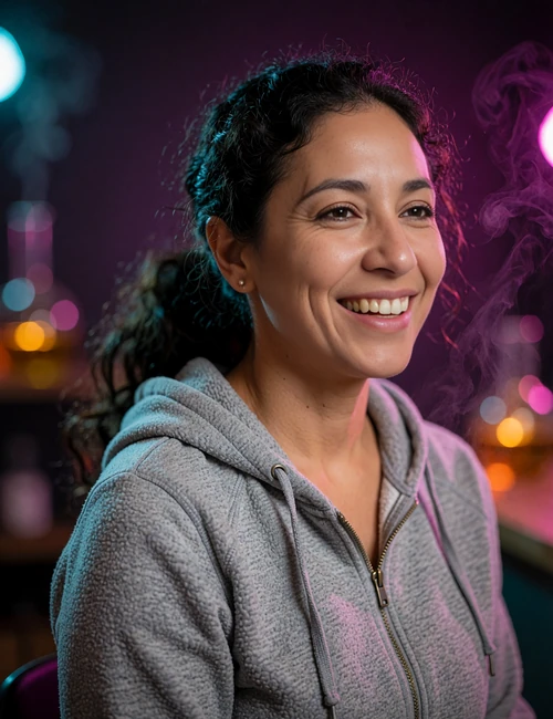 Woman in a heather-gray zip hoodie laughing softly with her hair in a loose ponytail