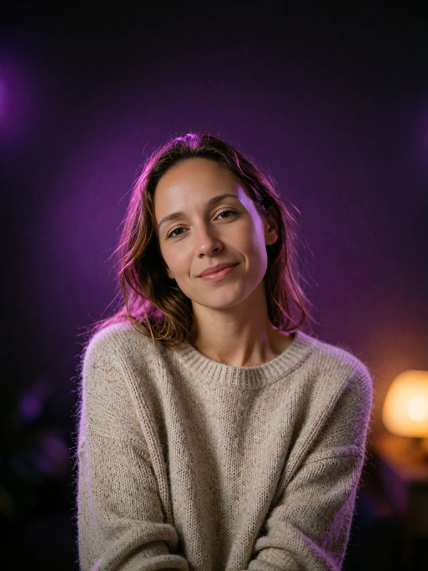 Young woman in a soft oatmeal knit sweater smiling naturally, casual lifestyle portrait