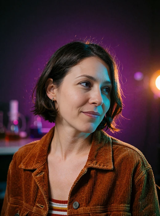 Woman in a rust corduroy jacket glancing over her shoulder with an easy smile