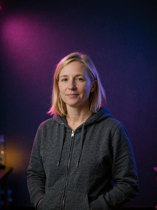 Woman with shoulder-length blonde hair in a charcoal zip hoodie giving a calm smile